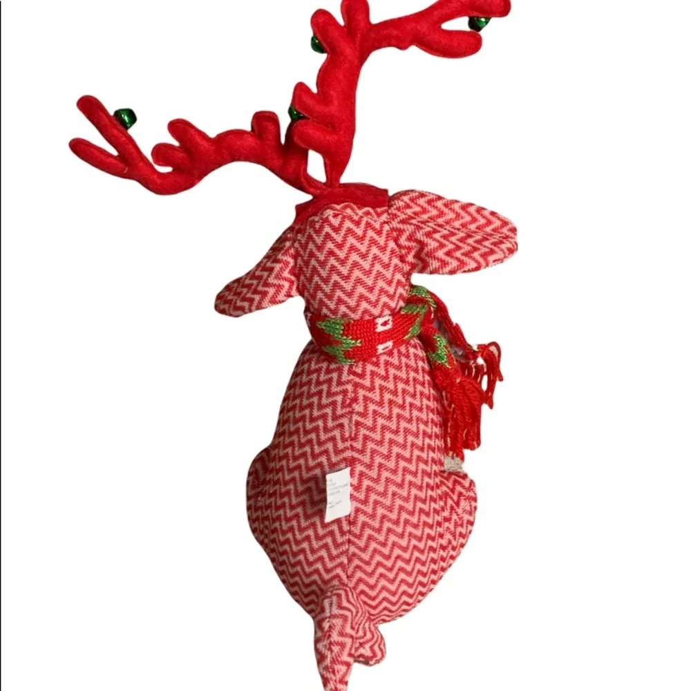 Holiday Knit Dog with Antlers And Scarf Sitting Christmas Doorstop Decor Chevron